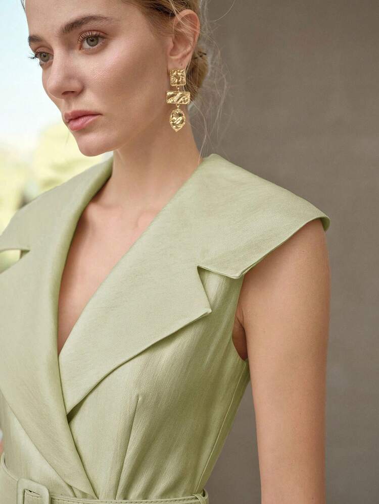 ELEGANT MINIMALIST TURNDOWN COLLAR CINCHED WAIST A-LINE DRESS, SUITABLE FOR COMMUTING, SPRING/SUMMER