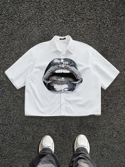 Manfinity ZONE917 Boxy Cropped Loose Fashionable Sexy Metallic Lip Print Sleeveless White Super Oversized Cropped Camisole, Suitable For Summer Wear