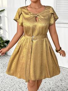 SHEIN Frenchy Plus Size Women Casual Round Neck Short Sleeve Dress - Gold - View 6