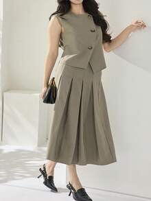 Modelyn Conjunto de 2 piezas para mujer talla grande: Top de tirantes de unicolor y minifalda - Verde militar - Ver 5