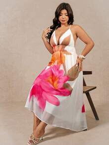 SHEIN LUNE Vestido de columpio con escote en V y espalda descubierta para mujer de talla grande, adecuado para vacaciones ligeras, salidas a la playa, diseño que afina la cintura - Blanco - Ver 7