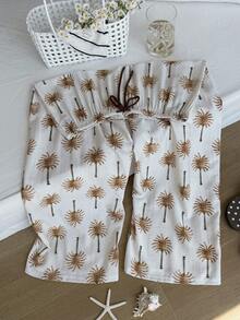 Comfortcana 大码舒适亚麻棕榈树印花休闲裤，适合春夏穿着 - 彩色 - 查看 5