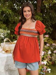 SHEIN Geometric Pattern Ruffle Sleeve A-Line Maternity Blouse For Women - Orange - View 6