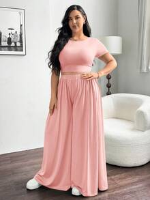 SHEIN Essnce Plus-Size Summer Women's Casual Suit, Wide-Leg Pant Suit,Summer Sets - Pink - View 4