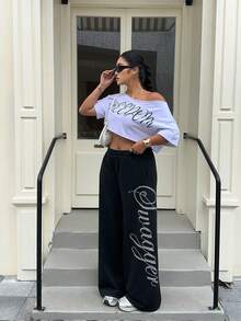 Muchica Plus Size Women Letter Rhinestone Graphic Casual Versatile Daily Wear Wide Leg Pants - Black - View 6