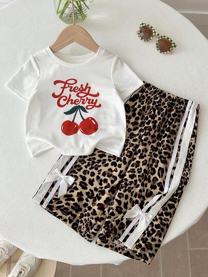 SHEIN Baby Girl White Round Neck Cute Cherry Print Top And Leopard Print Pants With Bow Decor 2pcs Set