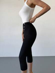 Rafferiza Quần legging lửng ôm sát, cạp cao, 3 nút, xếp ly, kiểu dáng Y2K mới dành cho nữ - Quần skinny đen co giãn, ôm sát, nâng mông. - màu đen - Xem 6