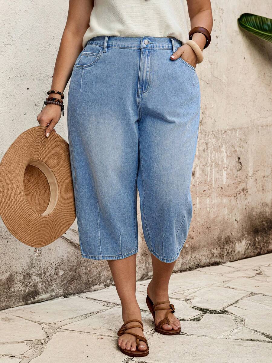 EMERY ROSE Mature Denim Quần short denim dáng rộng, túi xéo, size lớn, phong cách thường ngày, đã qua xử lý giặt, kiểu dáng thoải mái. - Màu xanh lam - Xem 1