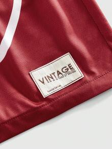 ROMWE MEN Prep Men's Letter Print Patch Elastic Waist Shorts, Suitable For Summer - Burgundy - View 4