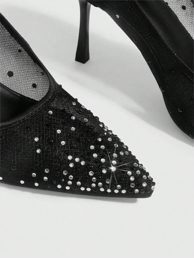 CUCCOO SZL Women's Fashion Pointed Crystal/Rhinestone Gold Powder Mesh Stitching Party Dinner Stiletto High Heels Shoes