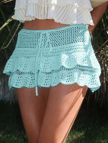 Sydney Algeri Chân váy dệt kim ngắn kiểu dáng nghỉ mát dành cho nữ, viền bèo nhún. - Màu xanh Bạc hà - Xem 1