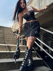 SHEIN Whyspr Chân váy chữ A dáng suông, khóa kéo phía trước, chất liệu dệt họa tiết đục lỗ, dành cho nữ cỡ lớn, thích hợp cho mùa xuân/hè. - màu đen - Xem 5