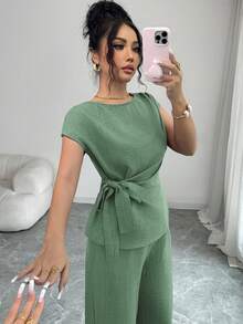 Elenzga Áo sơ mi nữ thanh lịch, màu xanh dương, xếp ly, eo điều chỉnh được, thắt nơ + Quần ống rộng, cạp cao, có túi, thanh lịch, phù hợp cho công sở - màu xanh lá - Xem 4