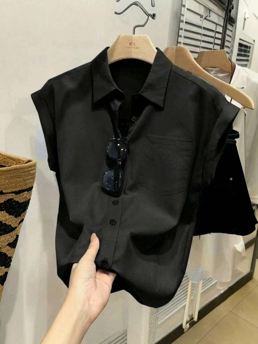 Resyla 女士蓝色蝙蝠袖口袋休闲通勤衬衫，春夏无袖衬衫，黑色工作上衣，黑色衬衫，女士黑色女式衬衫，优雅翻领衬衫，女士工作衬衫，女士上衣和衬衫，工作衬衫，工作衬衫，黑色无袖衬衫，翻领衬衫，新款时尚上衣，女士纽扣衬衫 - 黑色 - 查看 1