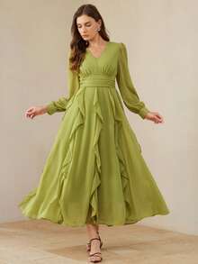 BELROSIE Women's Autumn Elegant Olive Green Chiffon V-Neck Ruched Maxi Dress, Dining Boho Multi-Layer Ruffle Trim Long Sleeve Cinched Waist Solid Dress - Mint Green - View 3