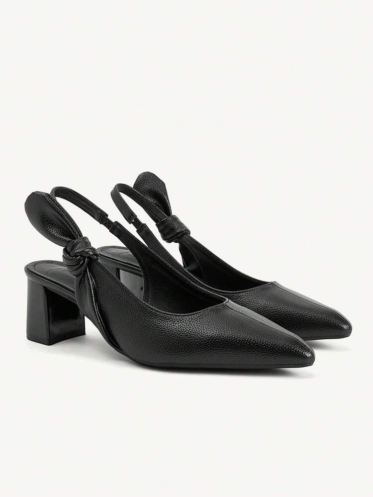 CUCCOO CHICEST Spring And Autumn New Product Black Bow Leather Pointed Slingback Thick Heel Fashion French Simple And Generous Premium Versatile Women's High Heel Shoes