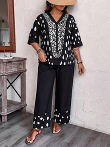 Linhara CURVE Bộ đồ 2 mảnh dành cho nữ mùa hè, gồm áo cổ chữ V in chấm bi và quần ống rộng thẳng, trang phục thường ngày cho kỳ nghỉ. - Đen và trắng - Xem 4