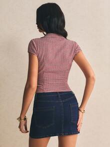 Poéselle Áo kiểu nữ kẻ caro tay ngắn, cài cúc phía trước, ôm dáng, thời trang. - Đỏ - Xem 3