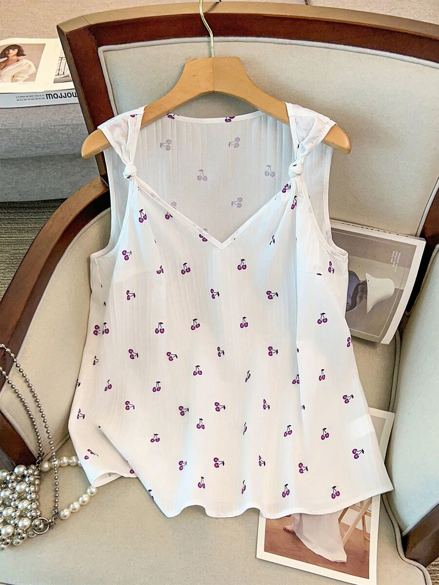 GlowEve CURVE Kemeja Musim Panas Tanpa Lengan Motif Ceri Ukuran Besar dengan Detail Lipatan di Bagian Depan - Purple - View 1