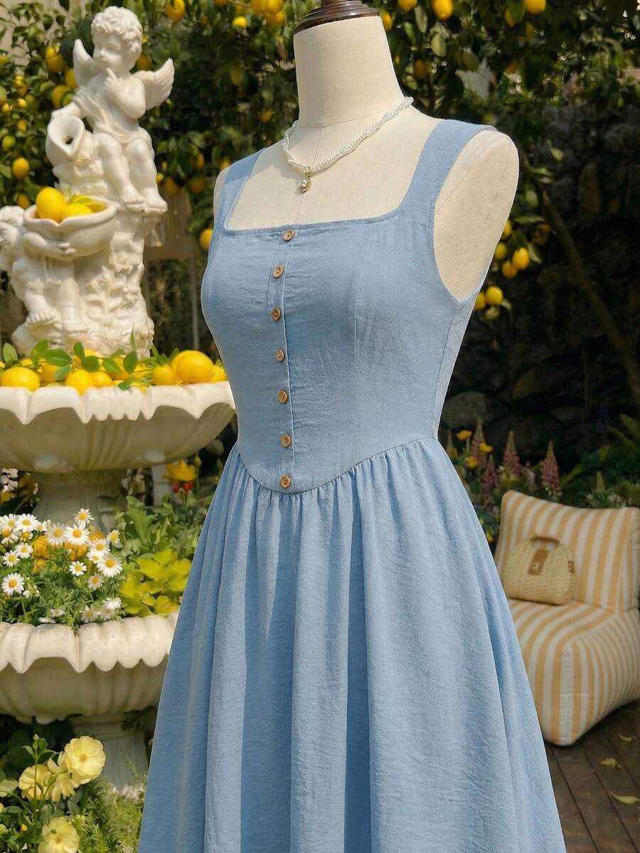 Vintamour 复古优雅女士连衣裙，带口袋、纽扣装饰、方领、吊带，休闲度假连衣裙，夏季女装，夏季服装，夏季女装，春季服装，春季女装，春季连衣裙，女士节日服装，节日连衣裙，优雅派对连衣裙，优雅派对连衣裙，婚礼宾客连衣裙，毕业礼服，优雅女装，度假连衣裙 - 藍色 - 查看 1