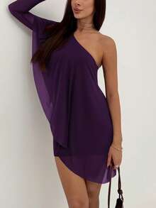 Vestido mini de un solo hombro de unicolor y sexy para mujer - Morado - Ver 7