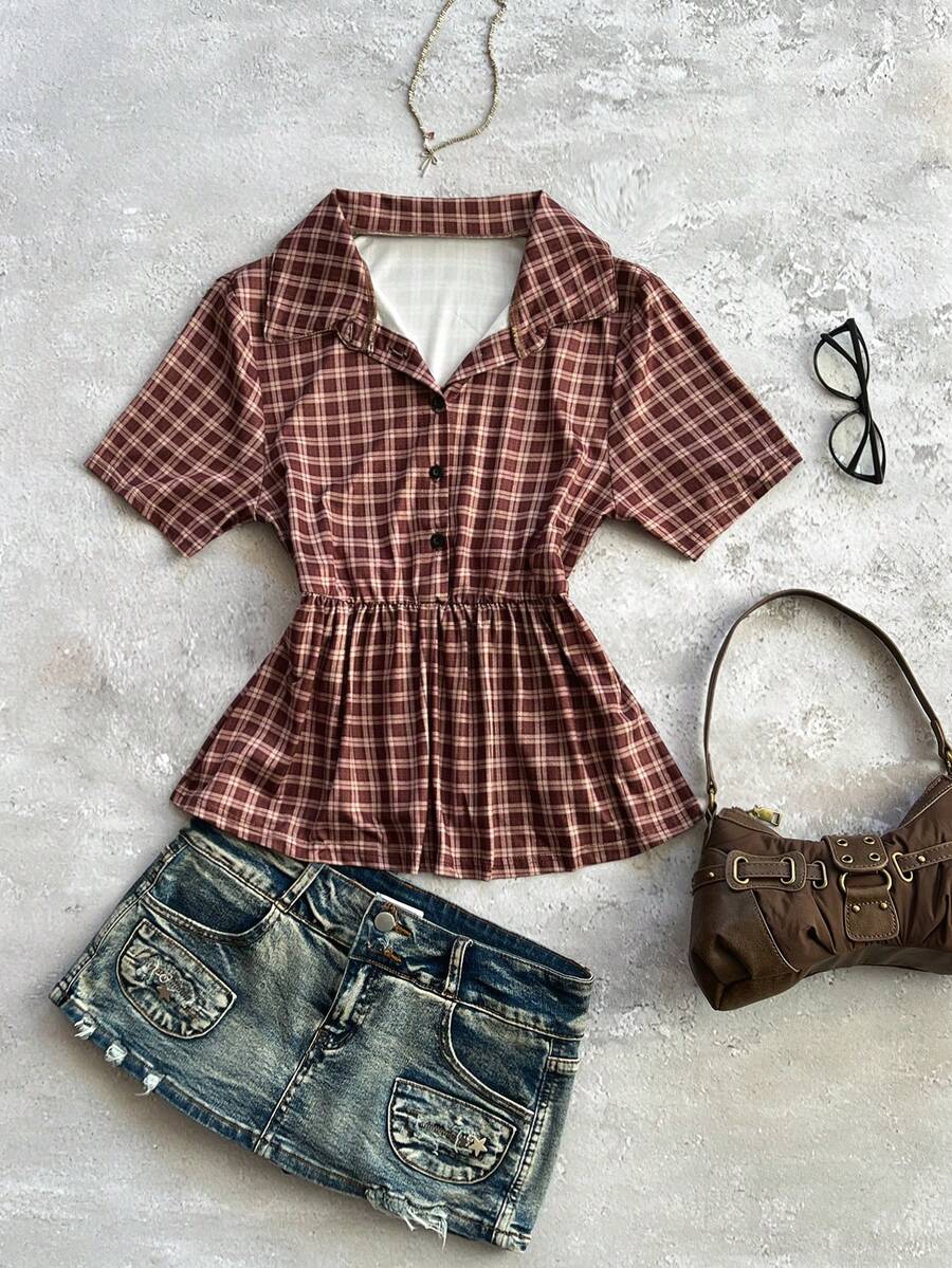 StreetHx Women's Loose Retro Plaid Babydoll Shirt - Brown - View 1