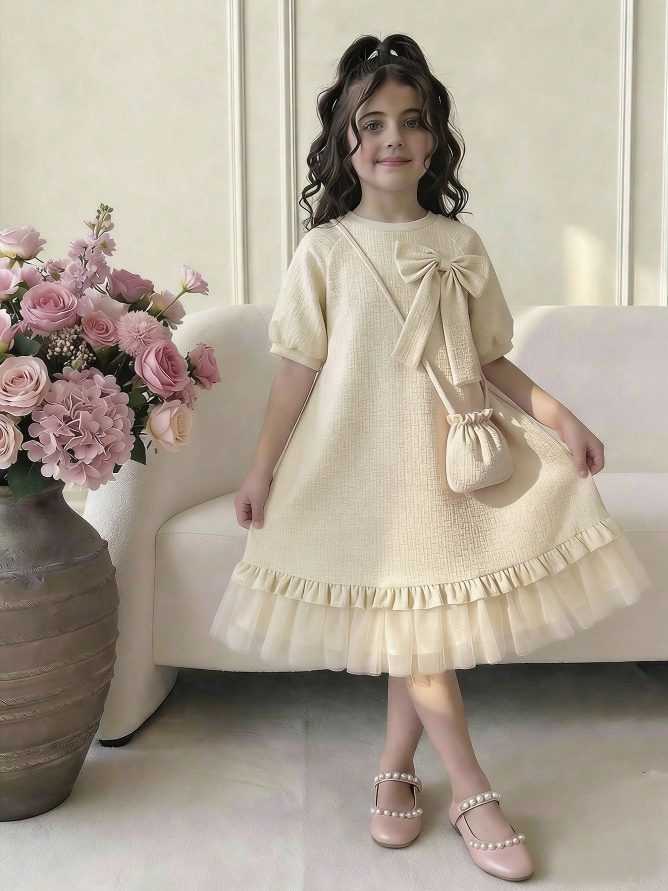 فستان أنيق بلون واحد للربيع/الصيف للبنات، سترة بيا...