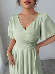 Elenzga Plus Size Women's V-Neck A-Line Chiffon Dress With Ruffle Sleeves, Simple Elegant And Romantic - Green - View 5