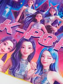 2件組少女時尚女團圖案印花圓領短袖上衣與星星印花喇叭褲套裝，適合夏季 - 彩色 - 查看 4