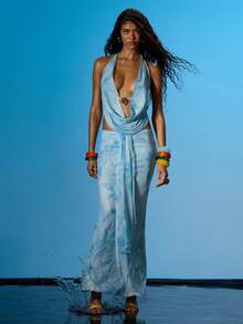 MUSERA 极致垂褶金色饰边露背上衣，仅上衣，适合夏季性感外出、海滩度假、伊比沙岛俱乐部和热带风情派对。 - 淺藍色 - 查看 5