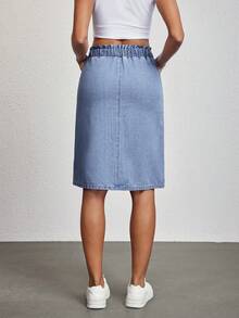 SHEIN Tall 女士系带腰带口袋休闲工作牛仔裙 - 藍色 - 查看 2