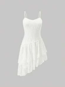 K-Vae Women's Floral Lace Ruffle Hem Elegant Spaghetti Strap Mid-Length Dress - White - View 1