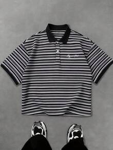 STYNVO Camisa polo casual de manga corta con rayas y bordado de letras para hombres - Multicolor - Ver 1
