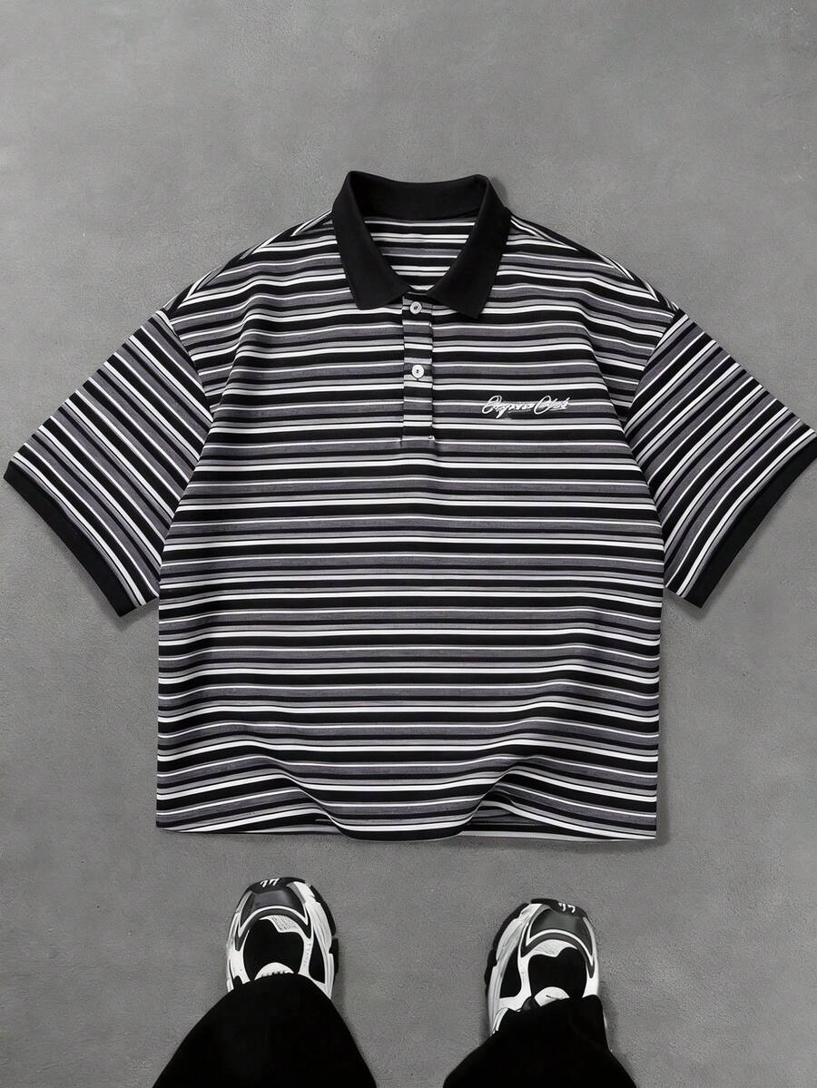 STYNVO Camisa polo casual de manga corta con rayas y bordado de letras para hombres - Multicolor - Ver 1