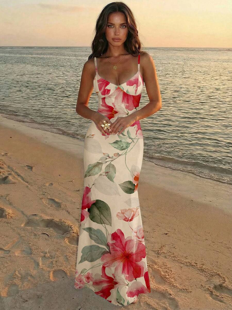 Aloruh 女士吊带系带修身浪漫水彩黄色花卉印花连衣裙 - 夏季海滩度假装、春假、热带岛屿婚礼、周年纪念、伴娘派对、约会之夜,S码 - 彩色 - 查看 1