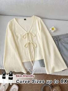 SHEIN CURVE+ 大码女式休闲系带喇叭袖上衣 - 杏色 - 查看 1