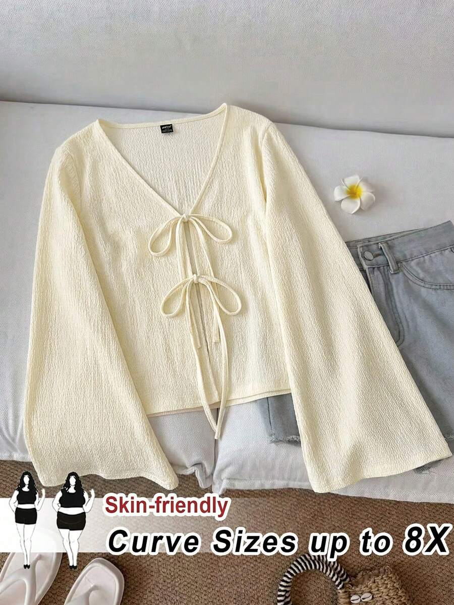 SHEIN CURVE+ 大码女式休闲系带喇叭袖上衣 - 杏色 - 查看 1