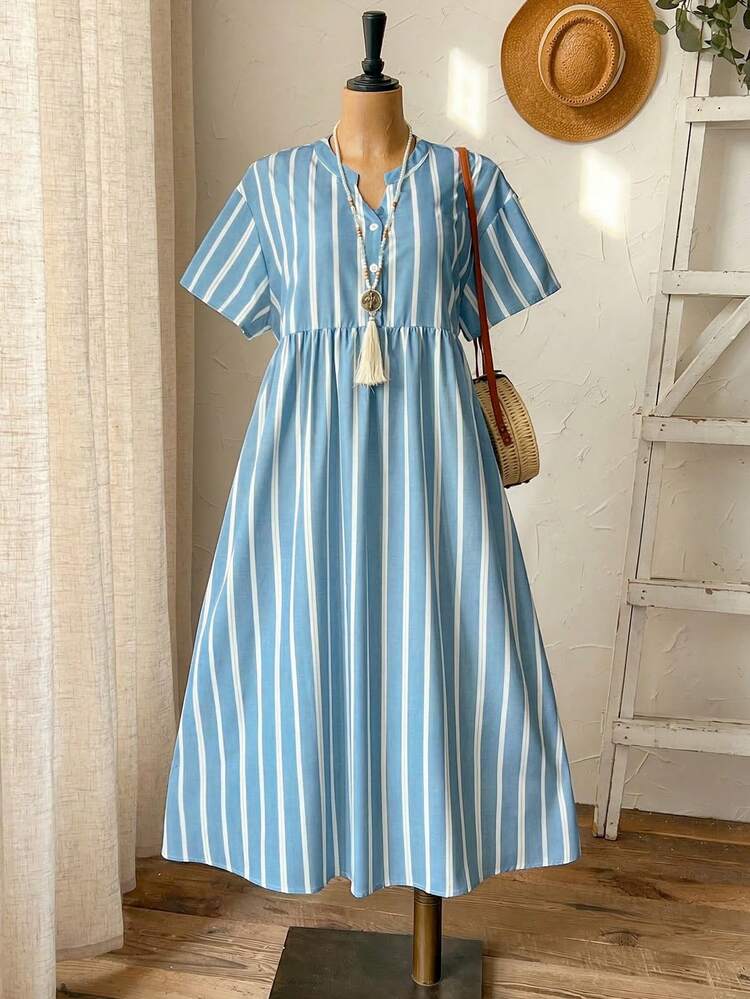 Plus Size Casual Striped Notched Neck Dress