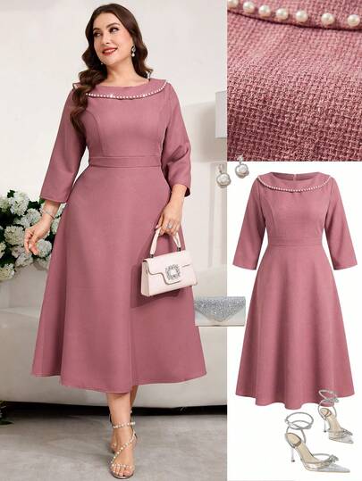 Ellevyn Vestido Midi de Manga Longa Elegante de Jacquard para Mulheres Plus Size, Adequado para Festas e Saídas, Outono/Inverno
