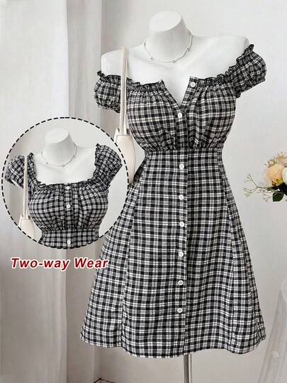 Sweetra Plus Size Short Sleeve Off-Shoulder Plaid Waist Flared Hem Elegant Retro Cute Casual Vacation College Style Plaid Color Block Knee-Length Dress For Women