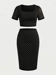 Auralis 新款情人节黑色水钻装饰紧身迷你两件套/优雅通勤/办公室美人鱼款式/方领修身上衣和及膝裙/弹力面料