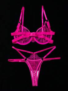 2pcs Orange Underwire Lace Bra Set, Fresh And Youthful - Hot Pink - View 2