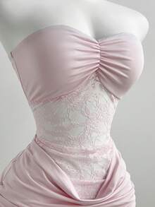 Sweetra Đầm ngắn kiểu dáng châu Âu và Mỹ mới, gợi cảm, thanh lịch với áo ống ren, eo thắt, thích hợp cho mặc hàng ngày, hẹn hò, đi nghỉ mát. - Màu Hồng baby - Xem 5