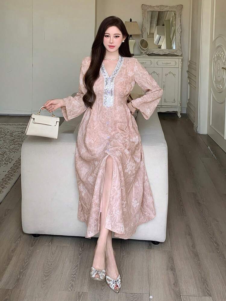 Women's Sequin Decor V-Neck Long Sleeve Elegant Dress Sun Dresses For Women
