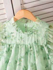 SHEIN Tween Girl Sleeveless Light Green Ditsy Floral Chiffon Dress,Summer Casual Party Princess Style Flutter Sleeve Multi-Layer Skirt Pearl Collar Wear - Green - View 5