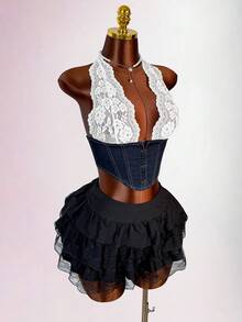 Amplova Women's Y2k Fashionable Sexy Lace Patchwork Open Back Halter Denim Top - Blue - View 4