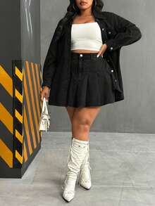 Slaydiva 大码女式时尚百褶短牛仔裙 - 黑色 - 查看 6