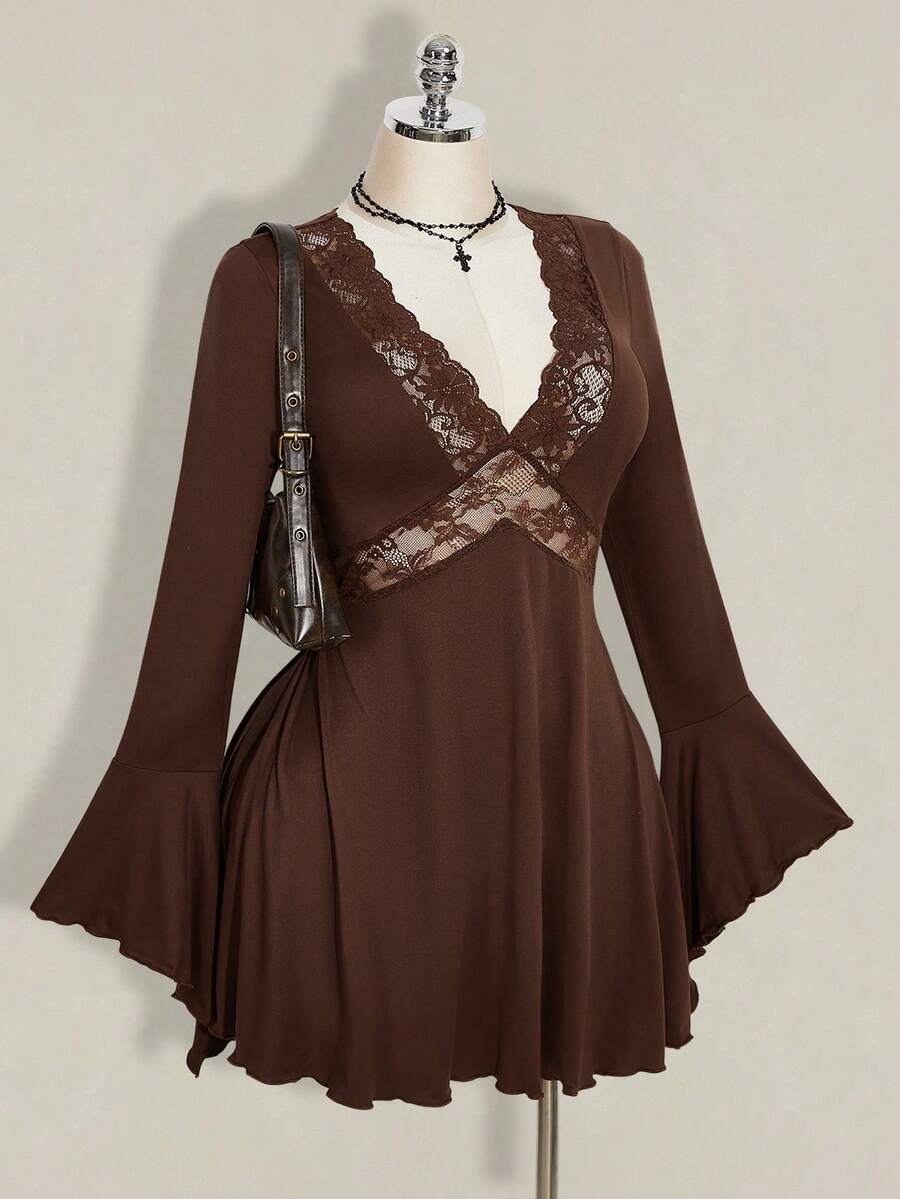SHEIN ICON 大码女式蕾丝拼接V领喇叭袖时尚连衣裙 - 棕色 - 查看 1