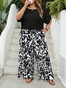 SHEIN CURVE+ Kích cỡ US22 (dành cho người có thân hình đầy đặn) Lễ hội âm nhạc, Kỳ nghỉ bên bờ biển, Phong cách Bohemia Bộ 2 món áo sơ mi rộng và quần họa tiết hoa nhí dành cho nữ, trang phục mùa hè - màu đen - Xem 6