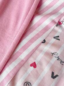 SHEIN TALL SIZE 女款純棉 3 件組 素色粉紅、條紋與 LOVE 圖案長褲家居舒適休閒睡褲套裝 - 彩色 - 查看 3